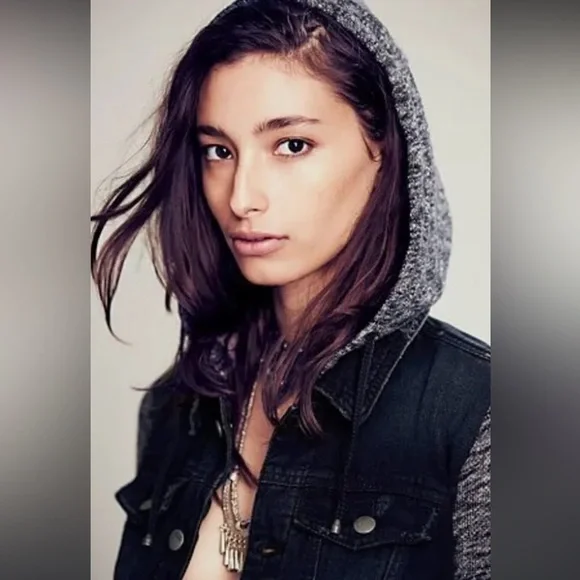 Free People Knit Hooded Denim Jacket Pumice Black Size S Distressed Women’s - Picture 2 of 14